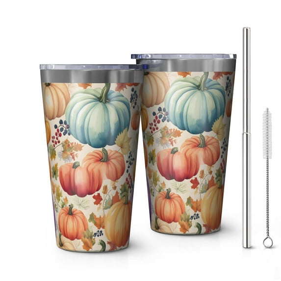 16oz Tumblers Fall Pumpkins and Leaves Pattern Stainless Steel Vacuum Insulated Double Wall Travel Tumbler Cups Mug with Lid and Straw,Cleaning Brush for Coffee,Tea