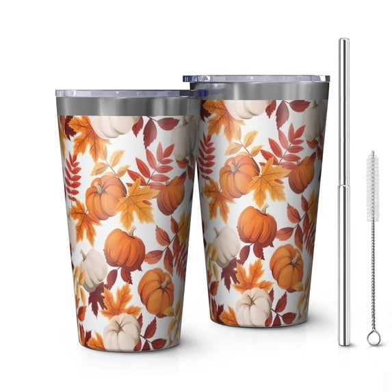 16oz Tumblers Fall Pumpkins Leaves Pattern Stainless Steel Vacuum Insulated Double Wall Travel Tumbler Cups Mug with Lid and Straw,Cleaning Brush for Coffee,Tea