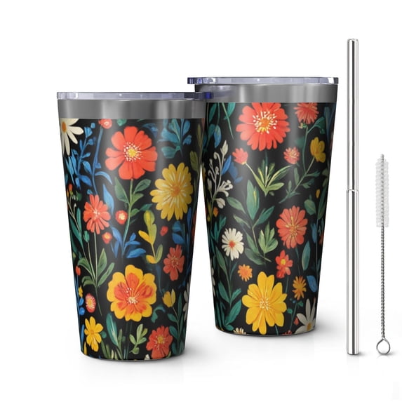 16oz Tumblers Floral Pattern Stainless Steel Vacuum Insulated Double Wall Travel Tumbler Cups Mug with Lid and Straw,Cleaning Brush for Coffee,Tea