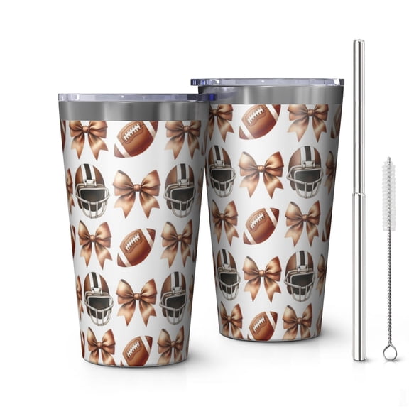 16oz Tumblers Football Helmets with Bows Pattern Stainless Steel Vacuum Insulated Double Wall Travel Tumbler Cups Mug with Lid and Straw,Cleaning Brush for Coffee,Tea