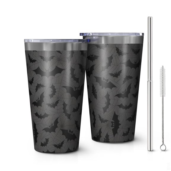 16oz Tumblers Gray Halloween Bats and Spider Webs Stainless Steel Vacuum Insulated Double Wall Travel Tumbler Cups Mug with Lid and Straw,Cleaning Brush for Coffee,Tea