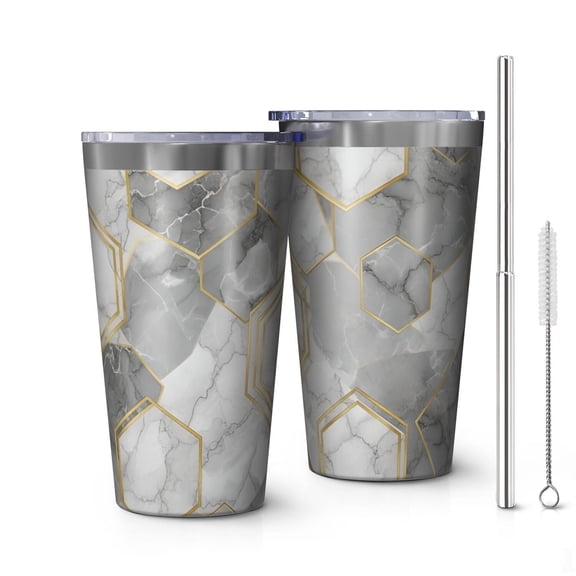 16oz Tumblers Gray Marble Gold Hexagon Pattern Stainless Steel Vacuum Insulated Double Wall Travel Tumbler Cups Mug with Lid and Straw,Cleaning Brush for Coffee,Tea