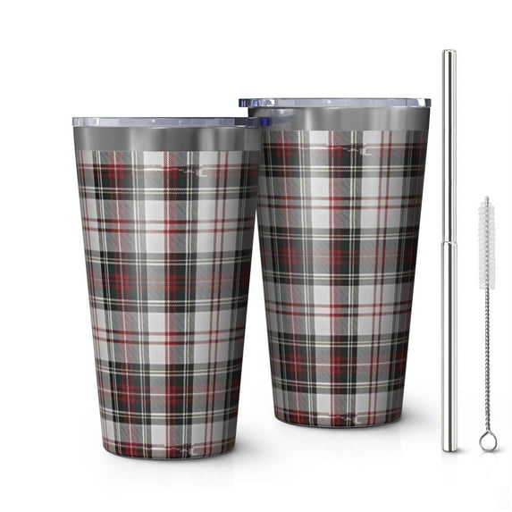 16oz Tumblers Gray Red Plaid Checkered Pattern Stainless Steel Vacuum Insulated Double Wall Travel Tumbler Cups Mug with Lid and Straw,Cleaning Brush for Coffee,Tea