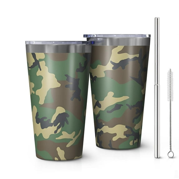 16oz Tumblers Green Brown Camo Classic Pattern Stainless Steel Vacuum Insulated Double Wall Travel Tumbler Cups Mug with Lid and Straw,Cleaning Brush for Coffee,Tea