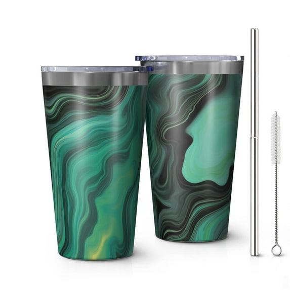 16oz Tumblers Green Marble Color Flow Pattern Stainless Steel Vacuum Insulated Double Wall Travel Tumbler Cups Mug with Lid and Straw,Cleaning Brush for Coffee,Tea