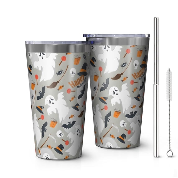 16oz Tumblers Halloween Ghosts and Witchy Elements Stainless Steel Vacuum Insulated Double Wall Travel Tumbler Cups Mug with Lid and Straw,Cleaning Brush for Coffee,Tea