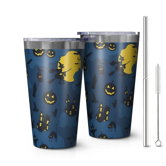 16oz Tumblers Halloween Moonlit Scene Pattern Stainless Steel Vacuum Insulated Double Wall Travel Tumbler Cups Mug with Lid and Straw,Cleaning Brush for Coffee,Tea