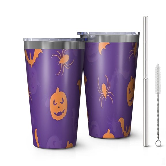16oz Tumblers Halloween Spider Bat Pattern Stainless Steel Vacuum Insulated Double Wall Travel Tumbler Cups Mug with Lid and Straw,Cleaning Brush for Coffee,Tea