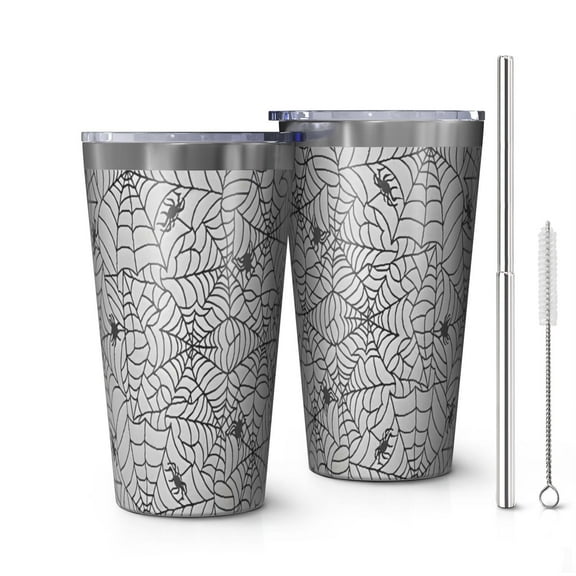 16oz Tumblers Halloween Spider Web Pattern Stainless Steel Vacuum Insulated Double Wall Travel Tumbler Cups Mug with Lid and Straw,Cleaning Brush for Coffee,Tea
