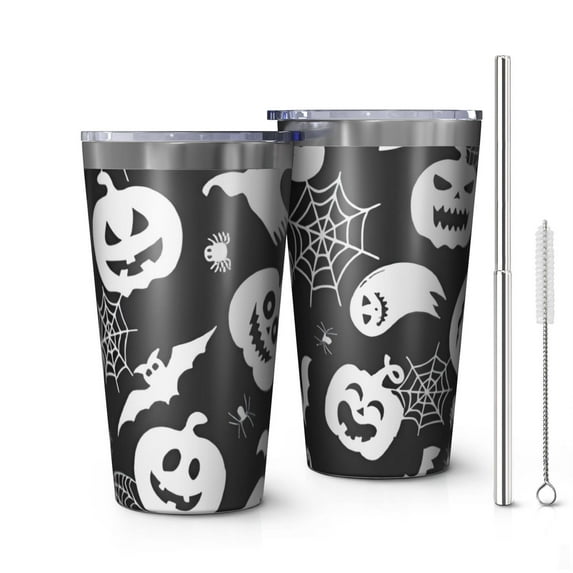 16oz Tumblers Halloween White Ghosts Pumpkins and Spider Webs Stainless Steel Vacuum Insulated Double Wall Travel Tumbler Cups Mug with Lid and Straw,Cleaning Brush for Coffee,Tea