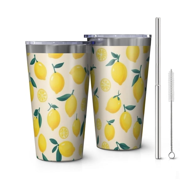 16oz Tumblers Lemon Stainless Steel Vacuum Insulated Double Wall Travel Tumbler Cups Mug with Lid and Straw,Cleaning Brush for Coffee,Tea