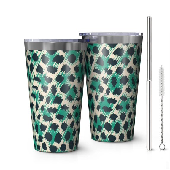 16oz Tumblers Leopard Pattern with Green and Black Spots Stainless Steel Vacuum Insulated Double Wall Travel Tumbler Cups Mug with Lid and Straw,Cleaning Brush for Coffee,Tea