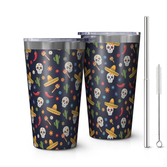 16oz Tumblers Navy Mexican Skull Pattern Stainless Steel Vacuum Insulated Double Wall Travel Tumbler Cups Mug with Lid and Straw,Cleaning Brush for Coffee,Tea