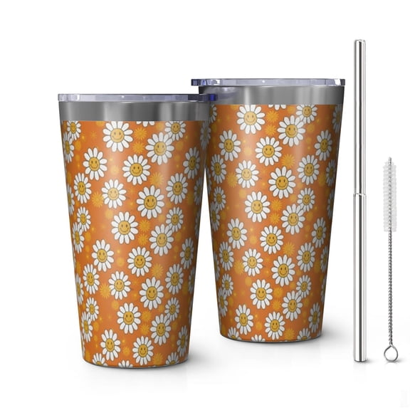16oz Tumblers Orange Daisy Flower Smiley Faces Pattern Stainless Steel Vacuum Insulated Double Wall Travel Tumbler Cups Mug with Lid and Straw,Cleaning Brush for Coffee,Tea