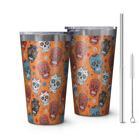 16oz Tumblers Orange Flower Skull Pattern Stainless Steel Vacuum Insulated Double Wall Travel Tumbler Cups Mug with Lid and Straw,Cleaning Brush for Coffee,Tea