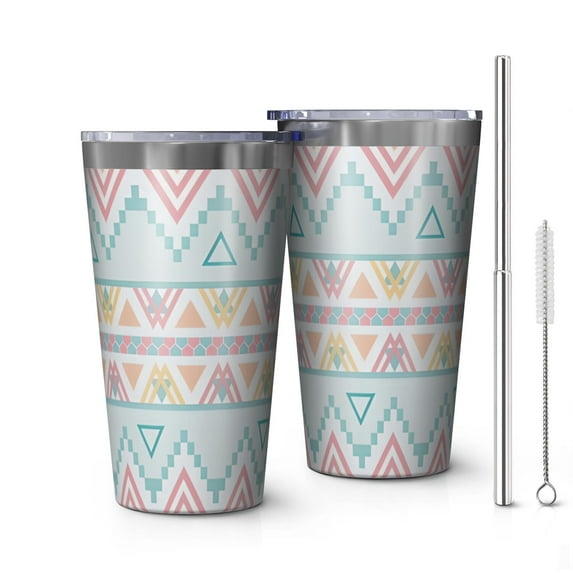 16oz Tumblers Pastel Geometric Pattern Stainless Steel Vacuum Insulated Double Wall Travel Tumbler Cups Mug with Lid and Straw,Cleaning Brush for Coffee,Tea