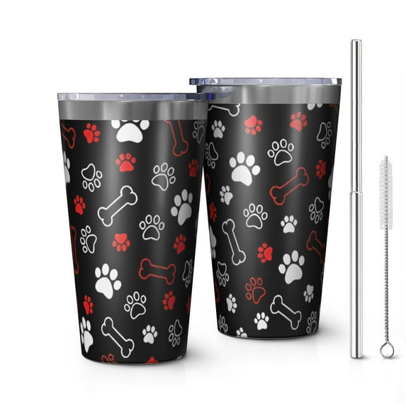 16oz Tumblers Paw Prints and Bones Stainless Steel Vacuum Insulated Double Wall Travel Tumbler Cups Mug with Lid and Straw,Cleaning Brush for Coffee,Tea