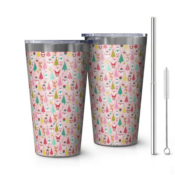 16oz Tumblers Pink Christmas Santa and Tree Pattern Stainless Steel Vacuum Insulated Double Wall Travel Tumbler Cups Mug with Lid and Straw,Cleaning Brush for Coffee,Tea