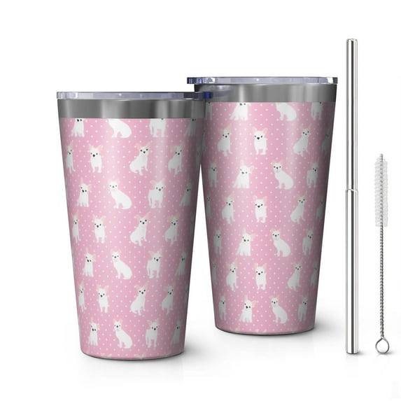 16oz Tumblers Pink Cute French Bulldogs Stainless Steel Vacuum Insulated Double Wall Travel Tumbler Cups Mug with Lid and Straw,Cleaning Brush for Coffee,Tea
