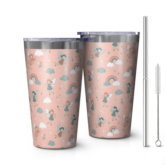16oz Tumblers Pink Fairy Rainbow Pattern Stainless Steel Vacuum Insulated Double Wall Travel Tumbler Cups Mug with Lid and Straw,Cleaning Brush for Coffee,Tea