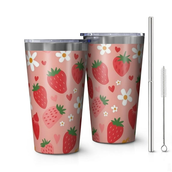 16oz Tumblers Pink Strawberry Plants Fruit Stainless Steel Vacuum Insulated Double Wall Travel Tumbler Cups Mug with Lid and Straw,Cleaning Brush for Coffee,Tea