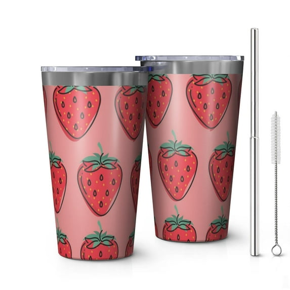 16oz Tumblers Pink Strawberry Plants Fruit Stainless Steel Vacuum Insulated Double Wall Travel Tumbler Cups Mug with Lid and Straw,Cleaning Brush for Coffee,Tea
