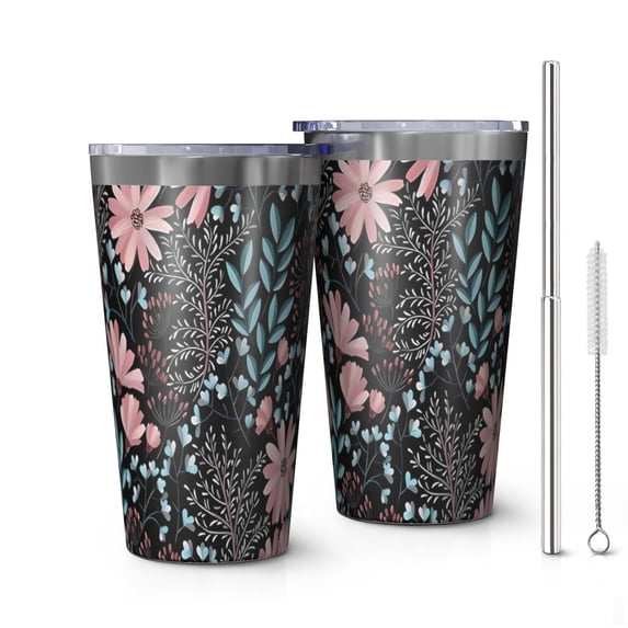 16oz Tumblers Pioneer Flower Floral Print Pattern Stainless Steel Vacuum Insulated Double Wall Travel Tumbler Cups Mug with Lid and Straw,Cleaning Brush for Coffee,Tea