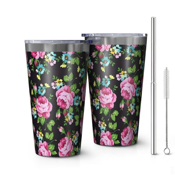 16oz Tumblers Pioneer Flower Floral Print Pattern Stainless Steel Vacuum Insulated Double Wall Travel Tumbler Cups Mug with Lid and Straw,Cleaning Brush for Coffee,Tea