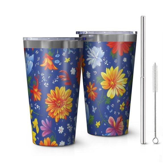 16oz Tumblers Pioneer Flower Floral Print Pattern Stainless Steel Vacuum Insulated Double Wall Travel Tumbler Cups Mug with Lid and Straw,Cleaning Brush for Coffee,Tea