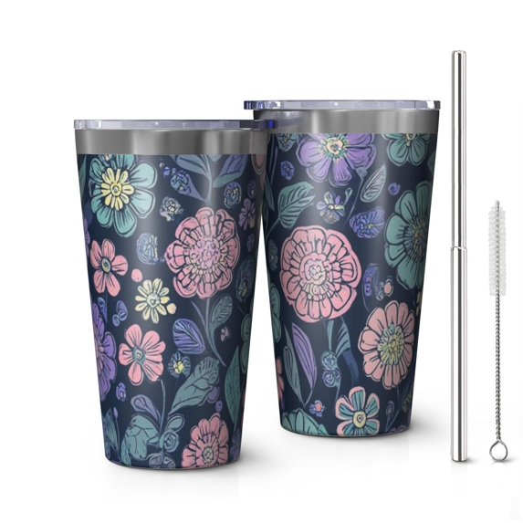 16oz Tumblers Pioneer Flower Floral Print Pattern Stainless Steel Vacuum Insulated Double Wall Travel Tumbler Cups Mug with Lid and Straw,Cleaning Brush for Coffee,Tea