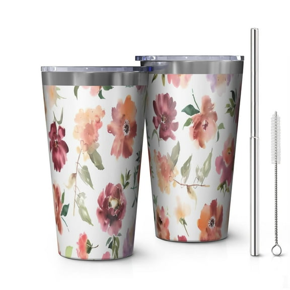 16oz Tumblers Pioneer Flower Floral Print Pattern Stainless Steel Vacuum Insulated Double Wall Travel Tumbler Cups Mug with Lid and Straw,Cleaning Brush for Coffee,Tea