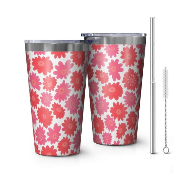 16oz Tumblers Pioneer Flower Floral Print Pattern Stainless Steel Vacuum Insulated Double Wall Travel Tumbler Cups Mug with Lid and Straw,Cleaning Brush for Coffee,Tea