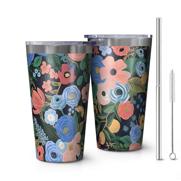 16oz Tumblers Pioneer Flower Floral Print Pattern Stainless Steel Vacuum Insulated Double Wall Travel Tumbler Cups Mug with Lid and Straw,Cleaning Brush for Coffee,Tea