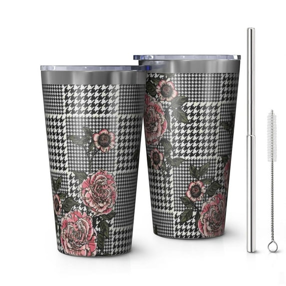 16oz Tumblers Pioneer Flower Floral Print Pattern Stainless Steel Vacuum Insulated Double Wall Travel Tumbler Cups Mug with Lid and Straw,Cleaning Brush for Coffee,Tea