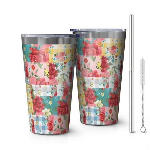 16oz Tumblers Pioneer Flower Floral Print Pattern Stainless Steel Vacuum Insulated Double Wall Travel Tumbler Cups Mug with Lid and Straw,Cleaning Brush for Coffee,Tea