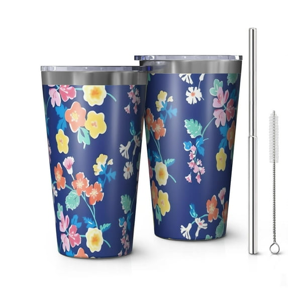 16oz Tumblers Pioneer Flower Floral Print Pattern Stainless Steel Vacuum Insulated Double Wall Travel Tumbler Cups Mug with Lid and Straw,Cleaning Brush for Coffee,Tea