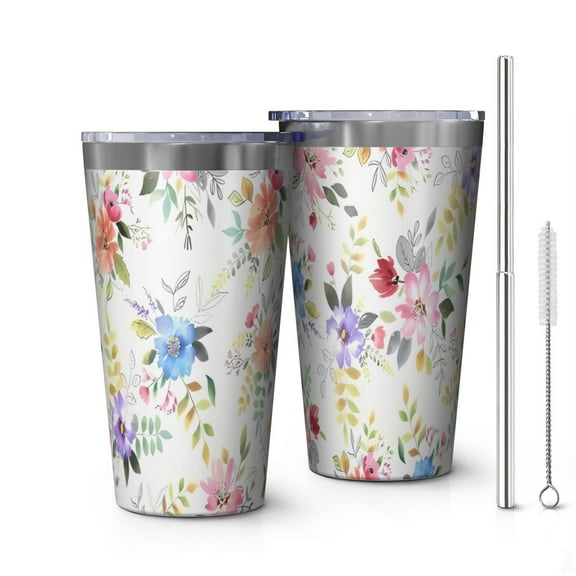 16oz Tumblers Pioneer Flower Floral Print Pattern Stainless Steel Vacuum Insulated Double Wall Travel Tumbler Cups Mug with Lid and Straw,Cleaning Brush for Coffee,Tea