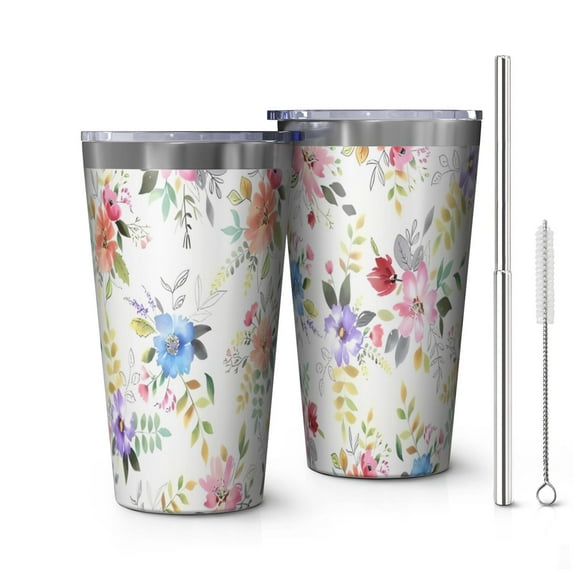 16oz Tumblers Pioneer Flower Floral Print Pattern Stainless Steel Vacuum Insulated Double Wall Travel Tumbler Cups Mug with Lid and Straw,Cleaning Brush for Coffee,Tea