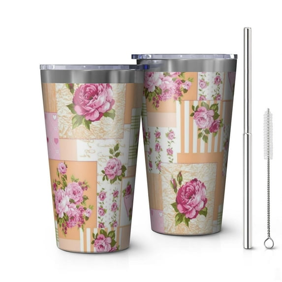16oz Tumblers Pioneer Flower Floral Print Pattern Stainless Steel Vacuum Insulated Double Wall Travel Tumbler Cups Mug with Lid and Straw,Cleaning Brush for Coffee,Tea