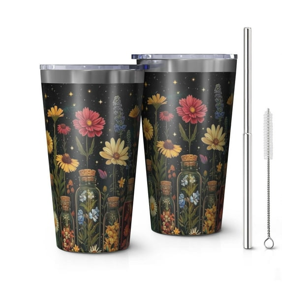 16oz Tumblers Pioneer Flower Stainless Steel Vacuum Insulated Double Wall Travel Tumbler Cups Mug with Lid and Straw,Cleaning Brush for Coffee,Tea