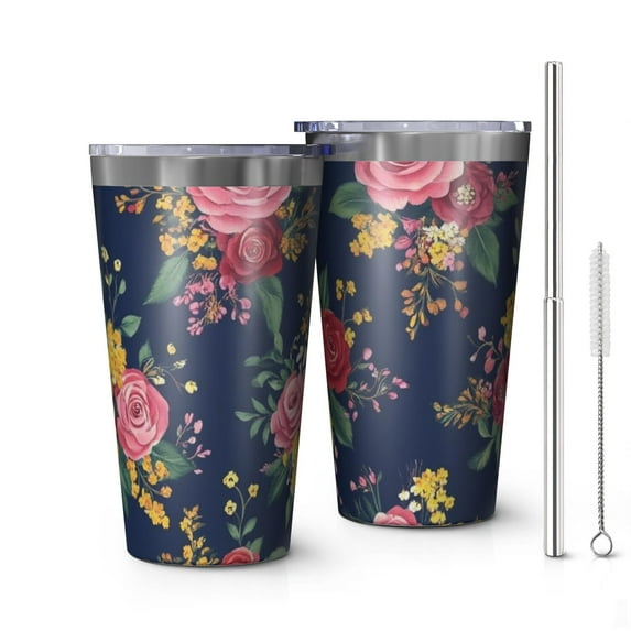 16oz Tumblers Pioneer Flower Stainless Steel Vacuum Insulated Double Wall Travel Tumbler Cups Mug with Lid and Straw,Cleaning Brush for Coffee,Tea