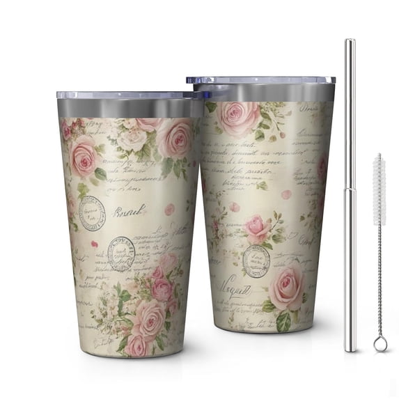 16oz Tumblers Pioneer Flower Stainless Steel Vacuum Insulated Double Wall Travel Tumbler Cups Mug with Lid and Straw,Cleaning Brush for Coffee,Tea