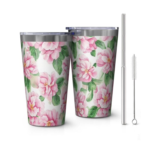 16oz Tumblers Pioneer Flower Stainless Steel Vacuum Insulated Double Wall Travel Tumbler Cups Mug with Lid and Straw,Cleaning Brush for Coffee,Tea