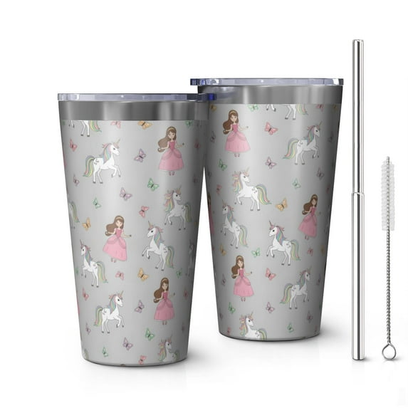 16oz Tumblers Princess Unicorn Butterfly Pattern Stainless Steel Vacuum Insulated Double Wall Travel Tumbler Cups Mug with Lid and Straw,Cleaning Brush for Coffee,Tea