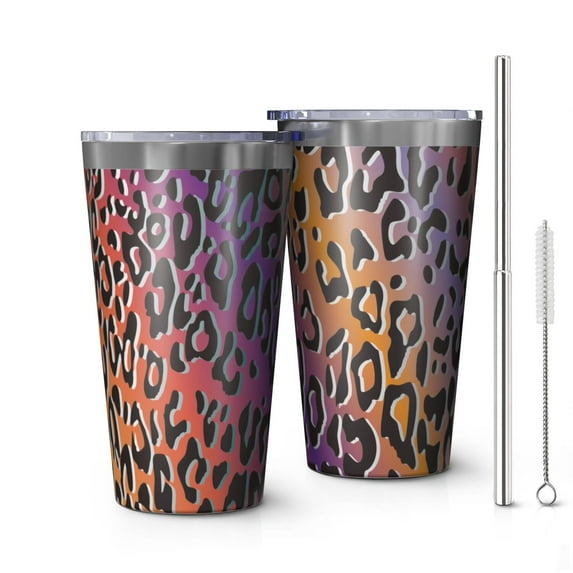 16oz Tumblers Purple and Orange Of Leopard Print Stainless Steel Vacuum Insulated Double Wall Travel Tumbler Cups Mug with Lid and Straw,Cleaning Brush for Coffee,Tea