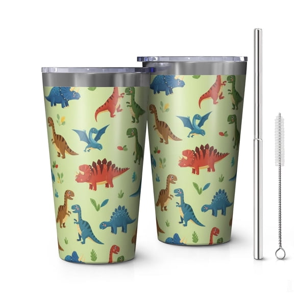 16oz Tumblers Rainbow Dinosaurs Tiny Plants Stainless Steel Vacuum Insulated Double Wall Travel Tumbler Cups Mug with Lid and Straw,Cleaning Brush for Coffee,Tea