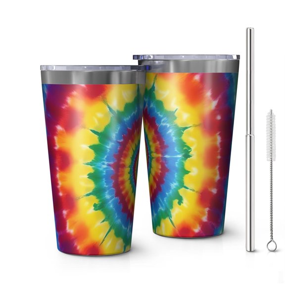 16oz Tumblers Rainbow Tie Dye Concentric Circles Stainless Steel Vacuum Insulated Double Wall Travel Tumbler Cups Mug with Lid and Straw,Cleaning Brush for Coffee,Tea