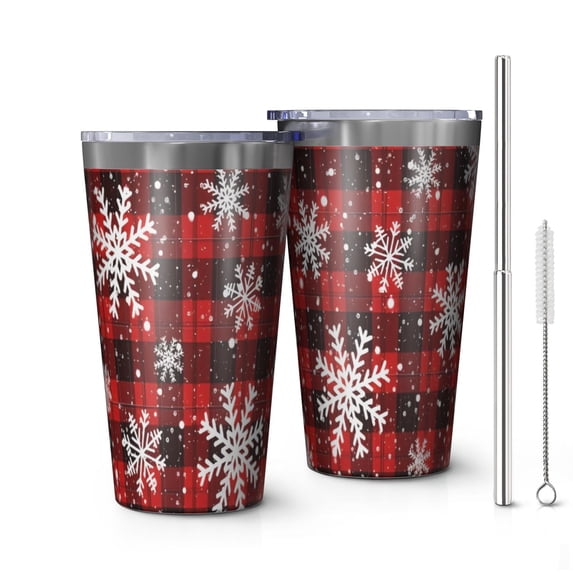 16oz Tumblers Red and Black Christmas Snowflake Pattern Stainless Steel Vacuum Insulated Double Wall Travel Tumbler Cups Mug with Lid and Straw,Cleaning Brush for Coffee,Tea