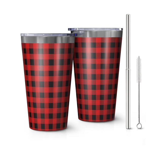 16oz Tumblers Red Black Plaid Checkered Pattern Stainless Steel Vacuum Insulated Double Wall Travel Tumbler Cups Mug with Lid and Straw,Cleaning Brush for Coffee,Tea