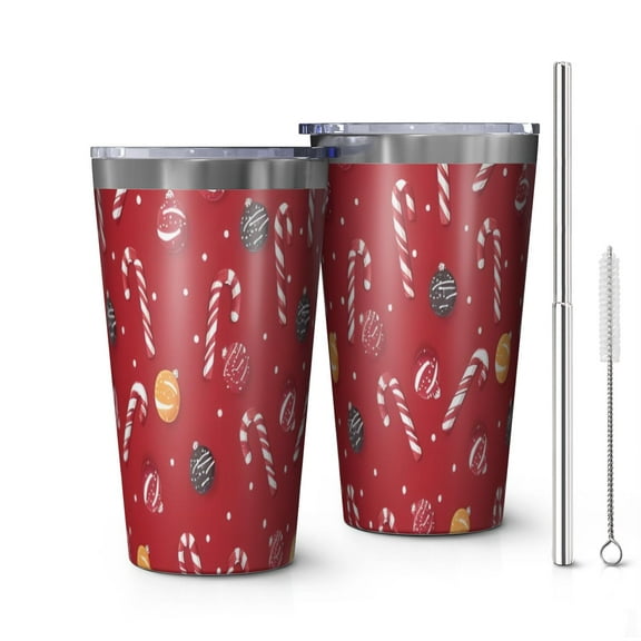 16oz Tumblers Red Christmas Candy Cane Pattern Stainless Steel Vacuum Insulated Double Wall Travel Tumbler Cups Mug with Lid and Straw,Cleaning Brush for Coffee,Tea